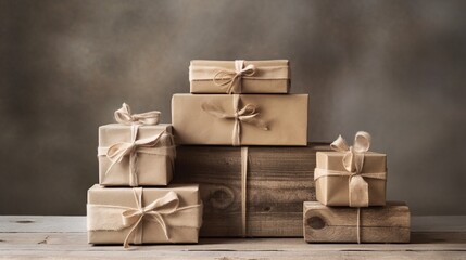 A stack of rustic wooden gift boxes tied with twine bows on a simple, earthy-toned background.