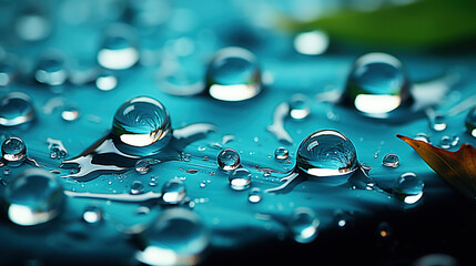 Water Droplets on Blue Leaf in Nature Blurry Background