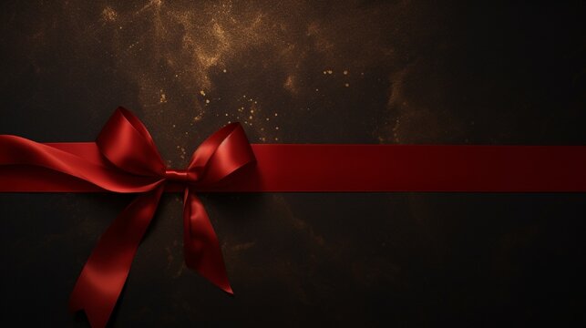 A striking image presenting a glossy red ribbon placed on a smooth, deep brown surface.