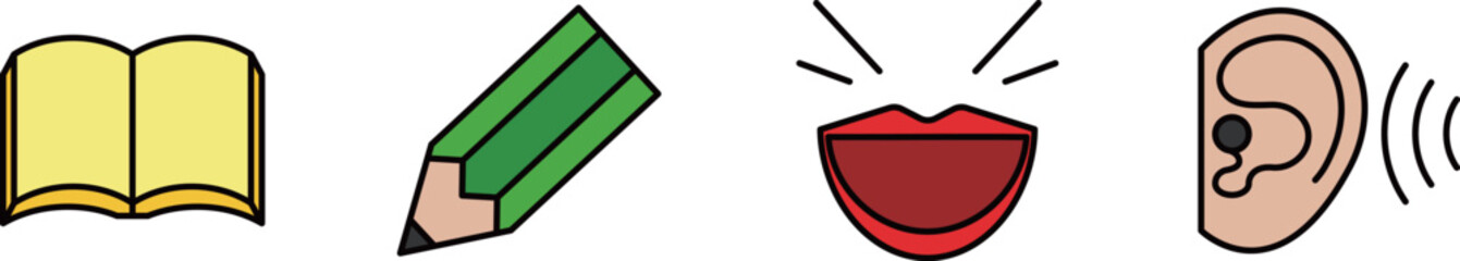 言語習得に必要な基本的な4つのスキルを表現したシンプルな黒線のカラーのアイコン