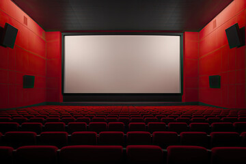 Empty of cinema in red color with white blank screen. Generative AI