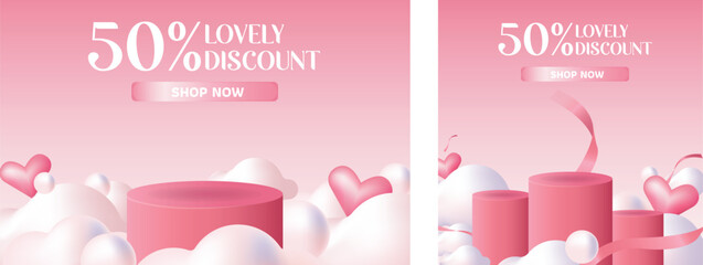 3d product display podium. Composition design with round paper, gift boxes, and heart shape balloons. Minimal pink background for Mother's day and Valentine's Day. - Powered by Adobe