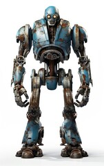 Robot F124 blue fighting old rusted iron One isolated on white background.