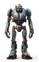 Robot F126 blue fighting old rusted iron One isolated on white background.