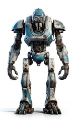 Robot F127 blue fighting old rusted iron One isolated on white background.