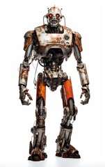 Robot F137 orange fighting old rusted iron One isolated on white background.