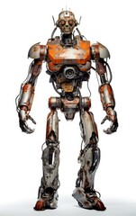 Robot F138 orange fighting old rusted iron One isolated on white background.