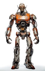 Fototapeta premium Robot F138 orange fighting old rusted iron One isolated on white background.