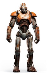 Robot F139 orange fighting old rusted iron One isolated on white background.
