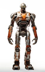 Robot F143 orange fighting old rusted iron One isolated on white background.