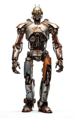 Robot F154 orange fighting old rusted iron One isolated on white background.