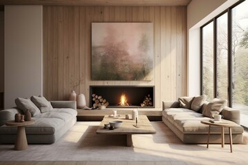 Fototapeta na wymiar Beautiful apartment living room decoration in modern loftstyle living room interiors, in the style of light indigo and dark beige