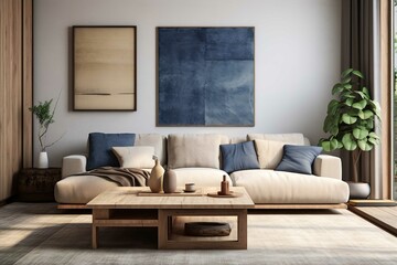 Beautiful apartment living room decoration in modern loftstyle living room interiors, in the style of light indigo and dark beige