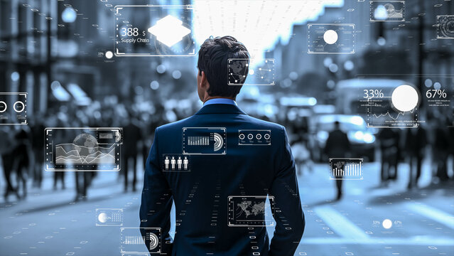 デジタルの世界で成功したビジネスリーダー、DX サイバーセキュリティ、インターネット安全のイメージ