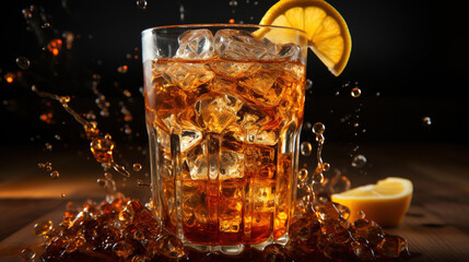 An Iced Coke With Splashing Liquid Shimmering Lights in Background