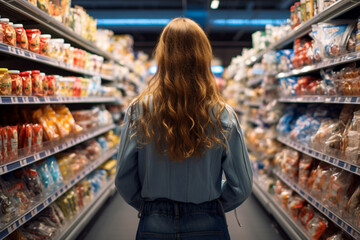 Girl in supermarket aisle. Generative AI
