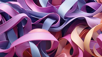 A symphony of ribbons in various pastel shades resting on a solid violet surface.