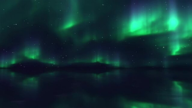 night sky illuminated by a green aurora above mountains and a lake, creating an ethereal atmosphere with nature's light show.