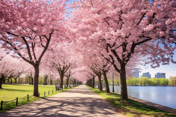 The breathtaking beauty of spring by showcasing a picturesque scene of a pathway or parkway lined with blooming cherry blossom trees. Emphasize the soft colors of the blossoms against a clear blue sky