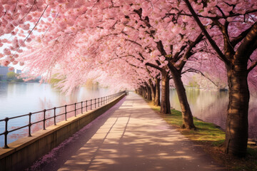 The breathtaking beauty of spring by showcasing a picturesque scene of a pathway or parkway lined with blooming cherry blossom trees. Emphasize the soft colors of the blossoms against a clear blue sky - obrazy, fototapety, plakaty