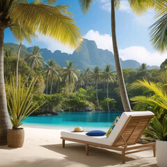 Tumbona con un cojín y un sombrero en una playa paradisíaca con palmeras un mar en calma unas montañas de fondo con un cielo azul con nubes blancas  - obrazy, fototapety, plakaty
