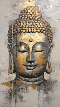 The gentle figure of Buddha painted on a cement wall, accented with gold paint.