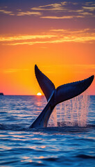 Tail of a Blue Whale At Sunset Golden Hour Background