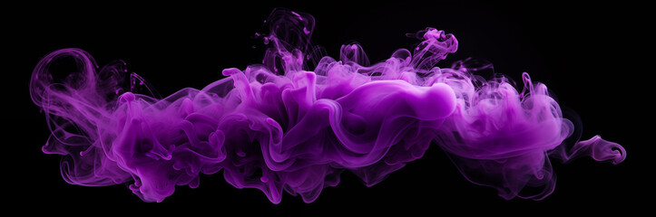 Purple smoke plume bursting horizontally on black background - obrazy, fototapety, plakaty
