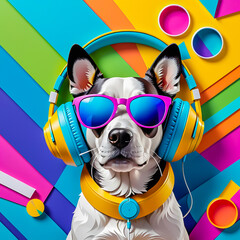 illustration of paper art dog with headphones and sunglasses  on the abstract background.