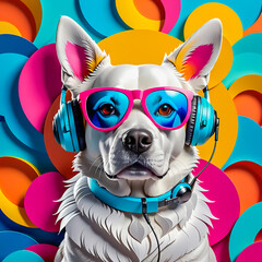illustration of paper art dog with headphones and sunglasses  on the abstract background.