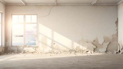 Sunlit Decay: A Room with a Dirty Wall and Window.AI Generative 