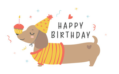 Cute Birthday card with Dachshund sausage Dog. Kawaii greeting card cartoon illustration.