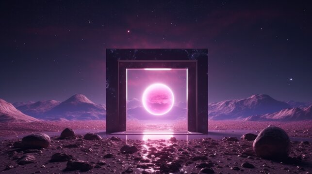 Big pink the moon among the mountains on the planet dark background. advertisement. template. product presentation. copy text space.