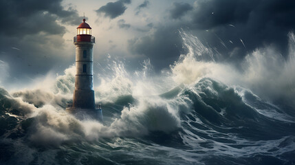 Fototapeta na wymiar 3D Render of a Stormy Lighthouse,Dramatic Seascape: Lighthouse in the Midst of a North Sea Storm.AI Generative 