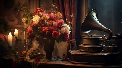 A vintage gramophone playing romantic melodies, adorned with floral arrangements in a dimly lit room.