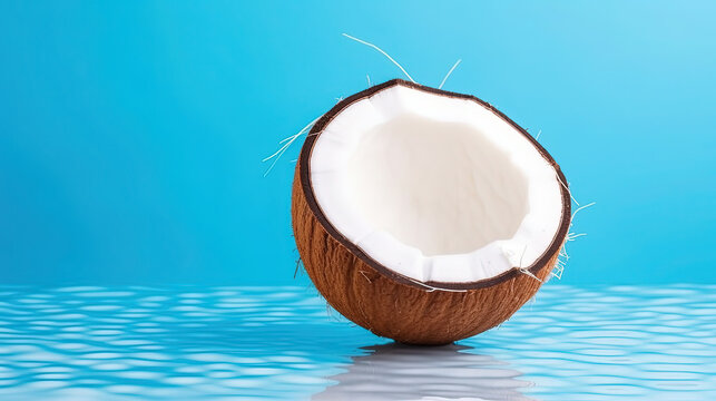 An Minimalistic Raw Coconut Fruit on Blue Background With Copy Space