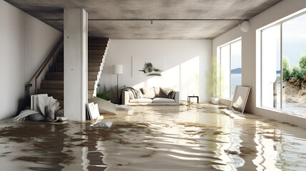 Stormy Reflections: Water Flood in an Abandoned House,Home in Ruins: Sunlight and Shadows on a Dirty Wall.AI Generative 