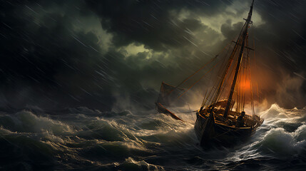 small boat in heavy storm ocean. - obrazy, fototapety, plakaty