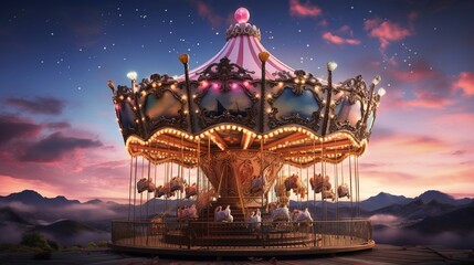 A whimsical carousel adorned with bright lights and heart-shaped decorations against a twilight sky.