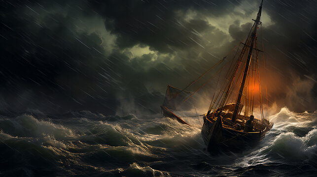 small boat in heavy storm ocean.