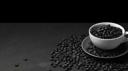 Obraz premium Coffee Cup and Coffee Beans on Wooden Table Copy Space Background
