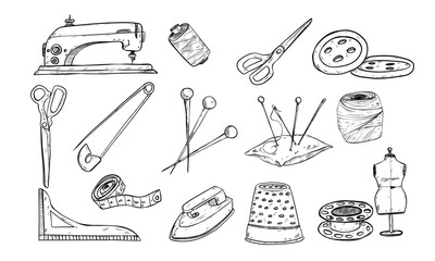 sewing equipment handdrawn illustration engraving