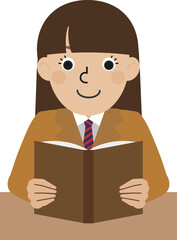 本を読んでいるブレザーの学生服を着た茶髪の日本人女性の正面画