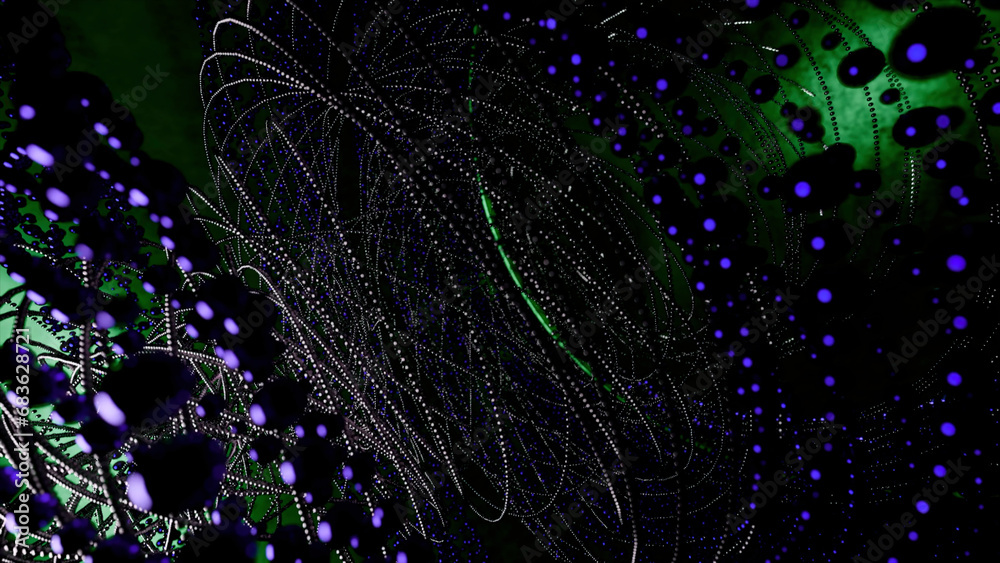 Poster abstract animated tangled lines and small spheres. design. rotating complex structure.