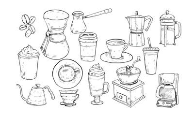 coffee set handdrawn illustration engraving