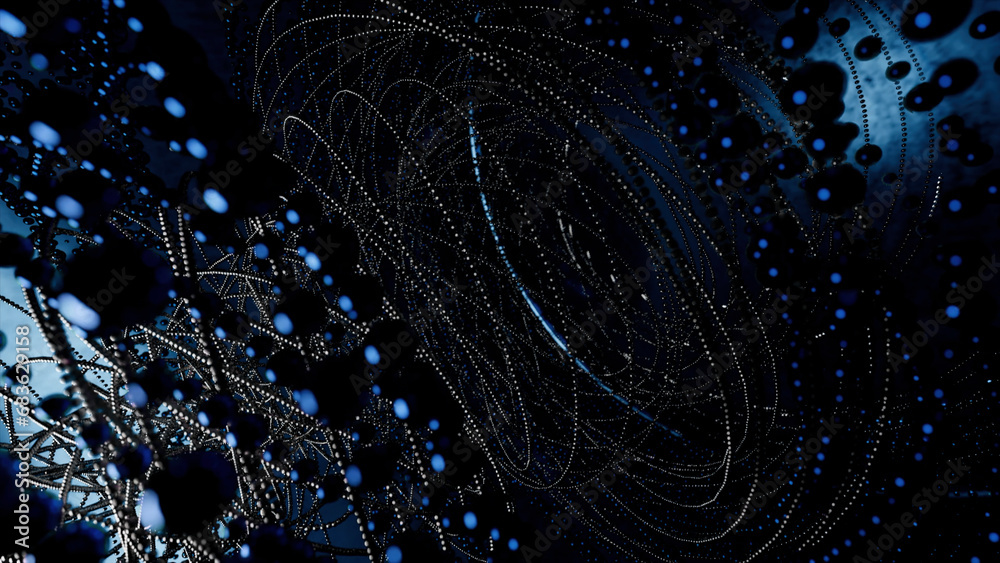 Wall mural abstract background of metal strings and beads. design. technological tornado im spinning motion.