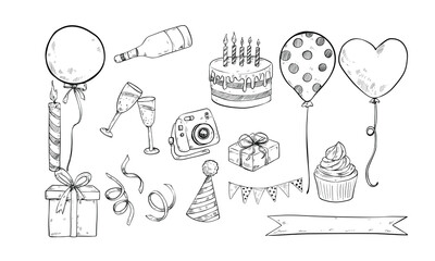 birthday party handdrawn illustration engraving