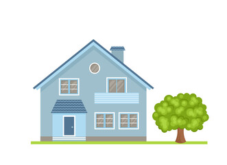 Blue house isolated on a white background. Vector cottage and green tree. Simple illustration in a flat style.