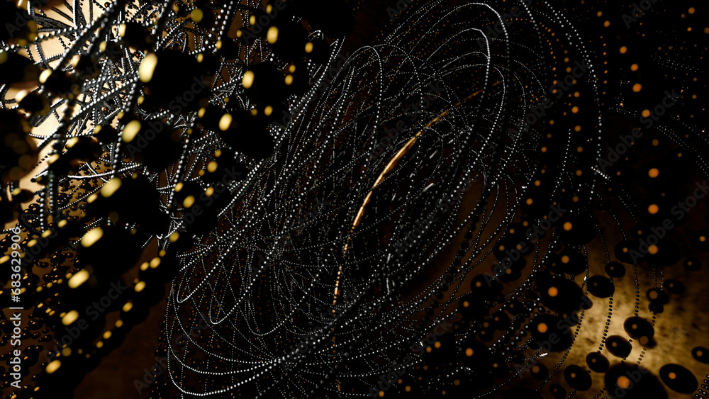 Wall mural abstract background of metal strings and beads. design. technological tornado im spinning motion.