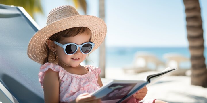little girl reading on the beach wearing sunglasses, generative AI